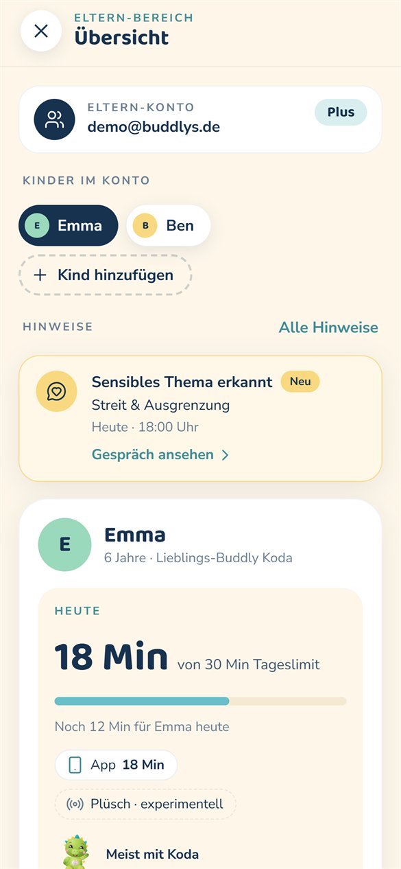 Eltern-Bereich der App: Familienkonto mit zwei Kindern und Tageslimit pro Kind