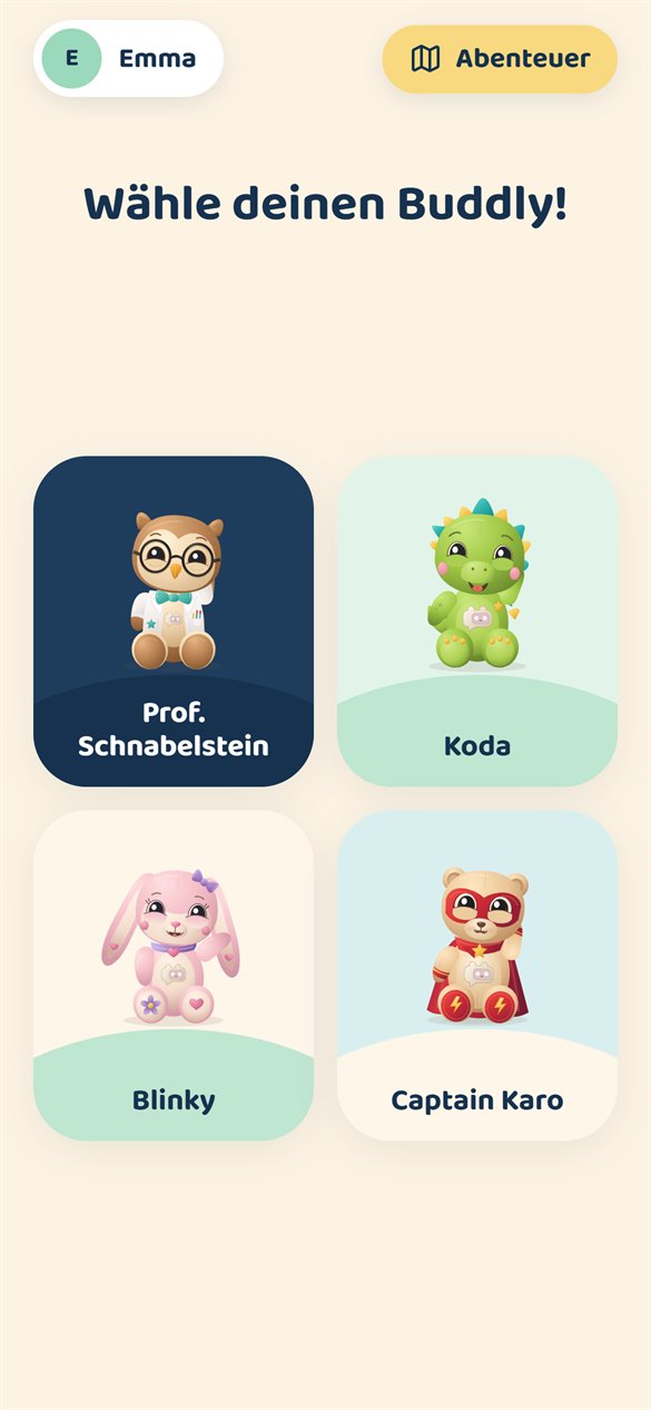 App-Screen „Wähle deinen Buddly!“ mit den vier Buddlys