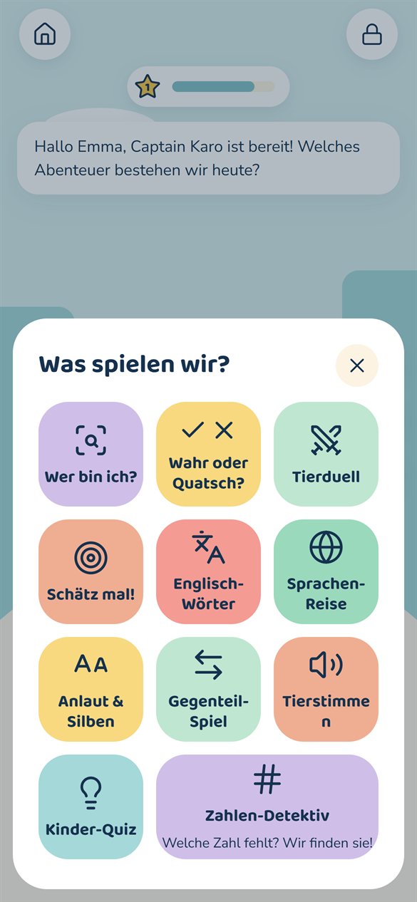 App-Screen „Was spielen wir?“ mit elf Spielen