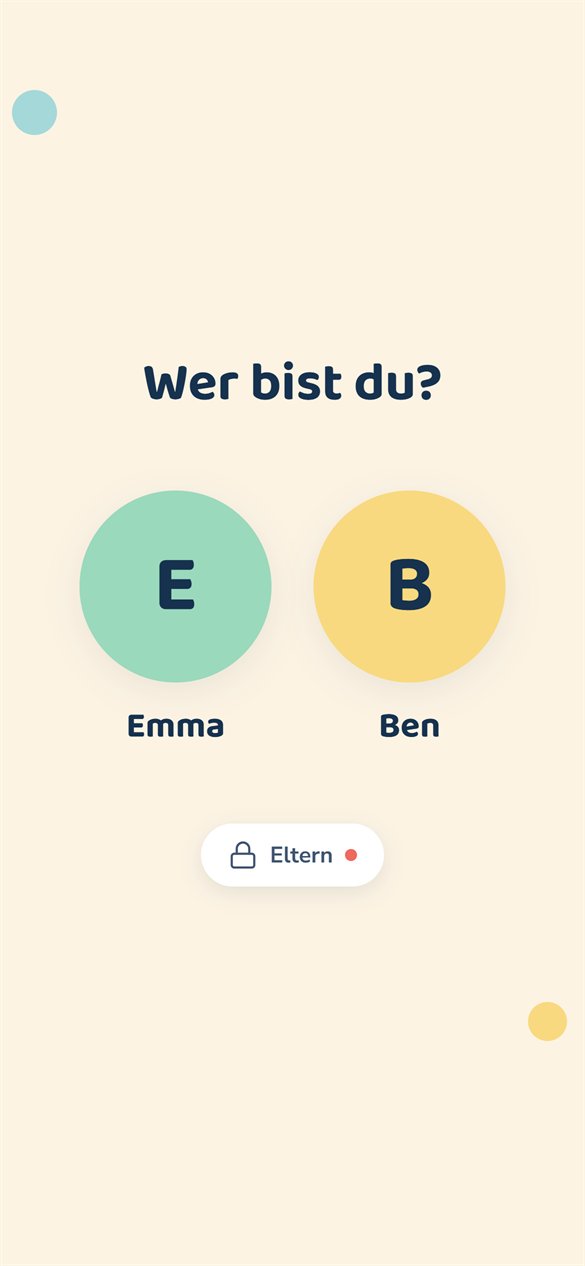 App-Screen „Wer bist du?“ mit den Profilen Emma und Ben